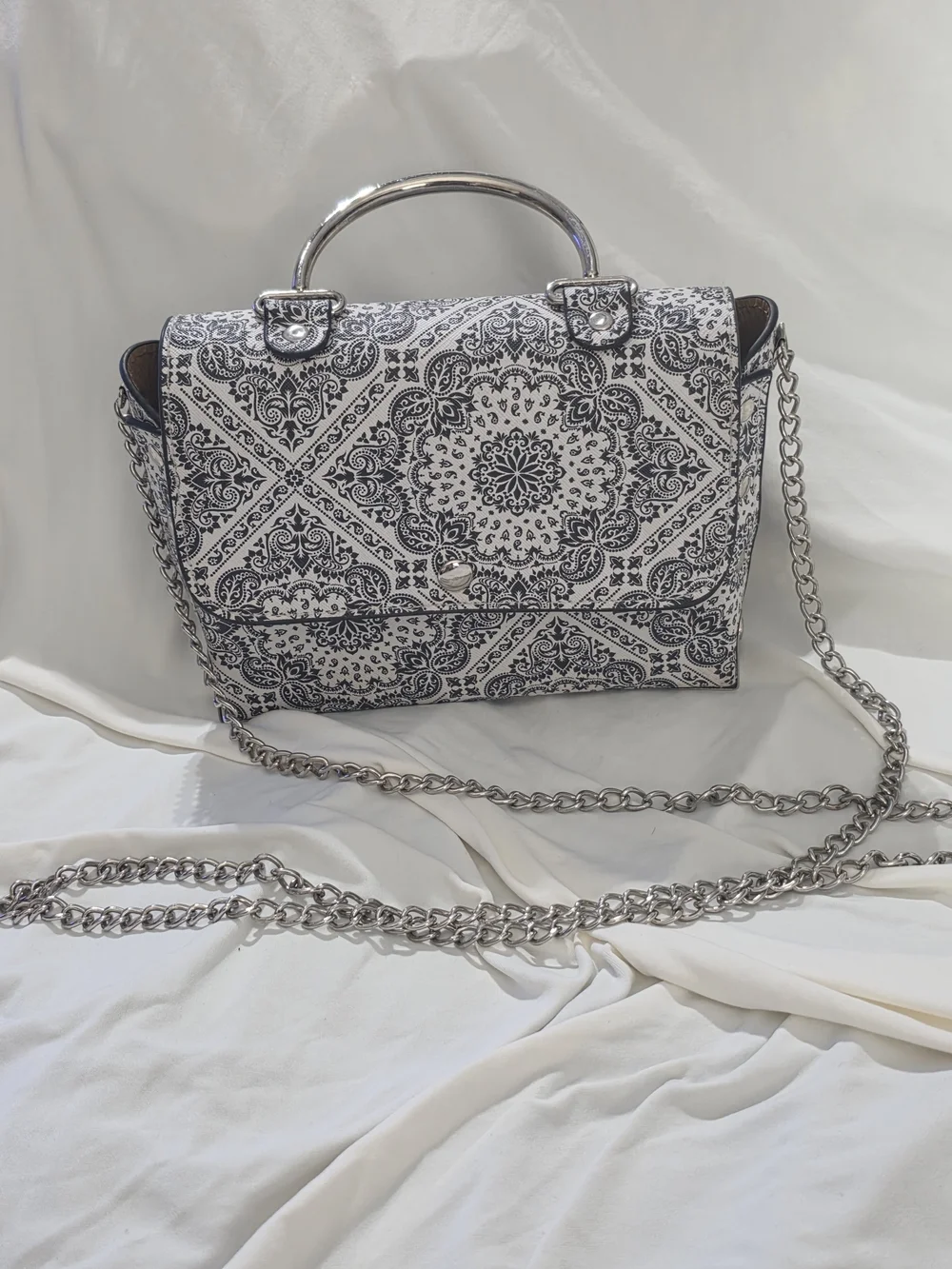 Black White Paisley Top Handle Bag Chain Strap Structured Purse